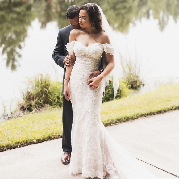 blush lace mermaid wedding dress